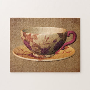 Floral Teacup On Aged Paper Art  Jigsaw Puzzle