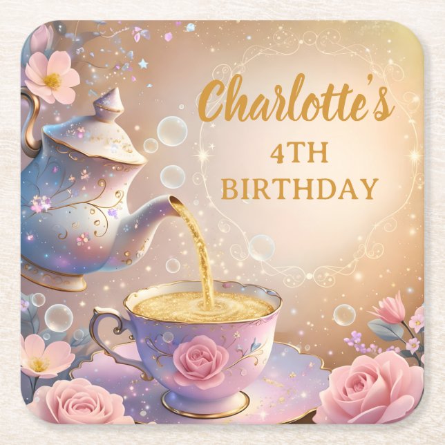 Floral Teacup & Teapot - Pastel Elegant Tea Party Square Paper Coaster (Front)