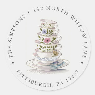 Floral Teacups Return Address Classic Round Sticker