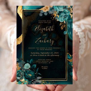 Floral Teal Agate Gold Frame Wedding Invitation