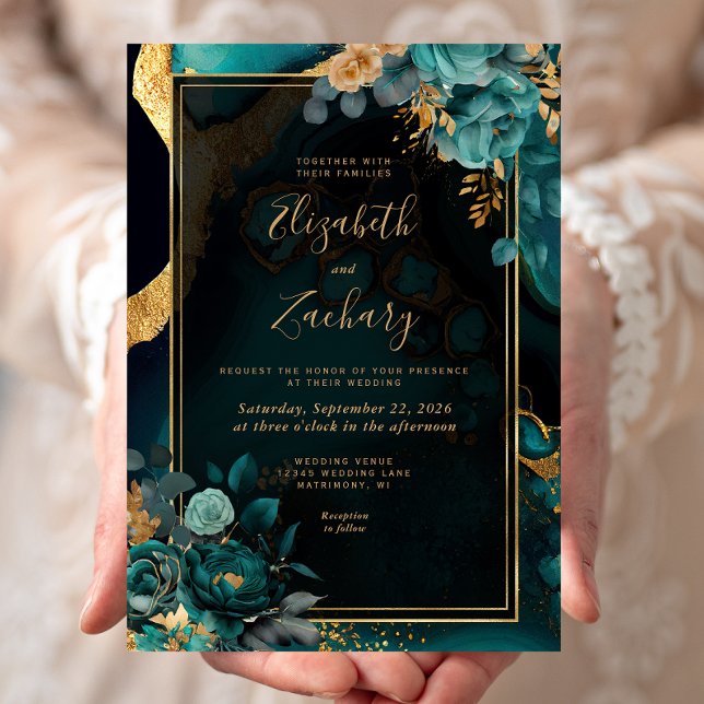 Floral Teal Agate Gold Frame Wedding Invitation (Creator Uploaded)