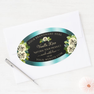 Floral Teal Black Gold Product Labels Leafy Roses