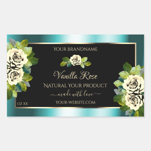 Floral Teal Black Gold Product Labels Leafy Roses (Front)
