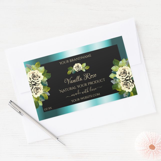 Floral Teal Black Gold Product Labels Leafy Roses (Envelope)