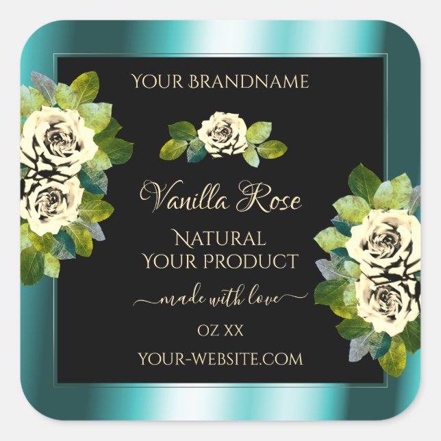 Floral Teal Black Gold Product Labels Leafy Roses (Front)