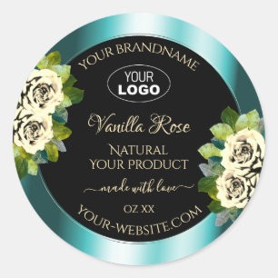 Floral Teal Black Gold Product Labels Roses Logo