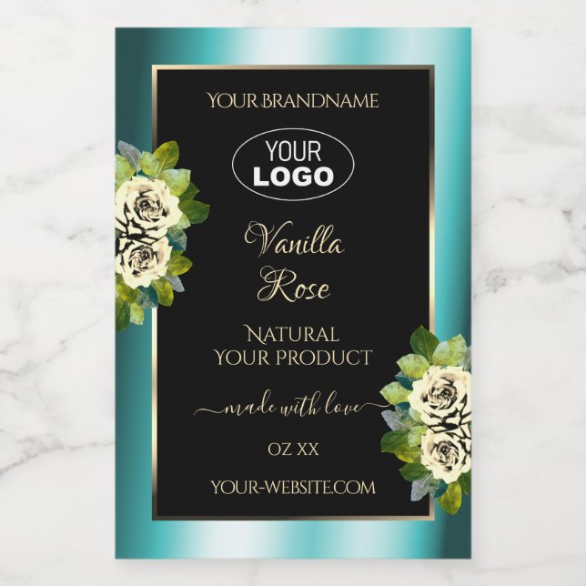 Floral Teal Black Gold Product Labels Roses Logo (Single Label)