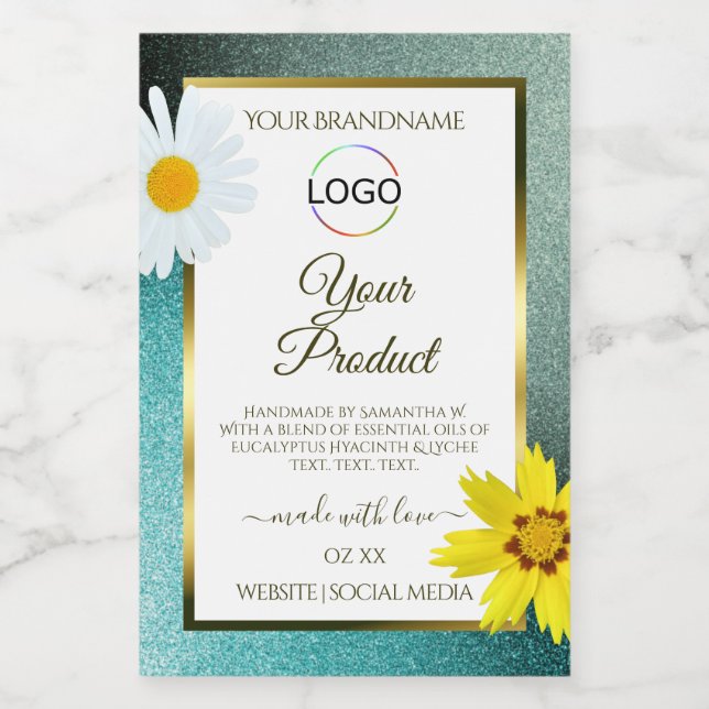 Floral Teal Blue Glitter White Product Labels Logo (Single Label)