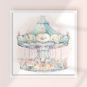 Floral Teal Carousel Watercolor Poster