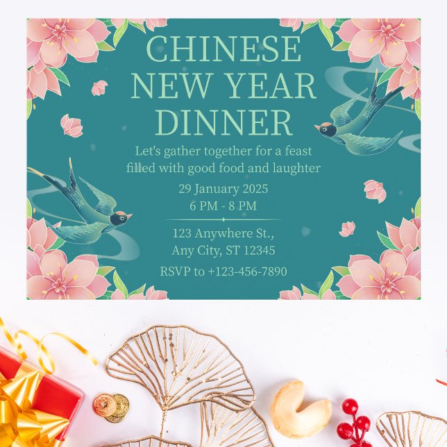  Floral Teal Chinese New Year Dinner Invitation (Creator Uploaded)