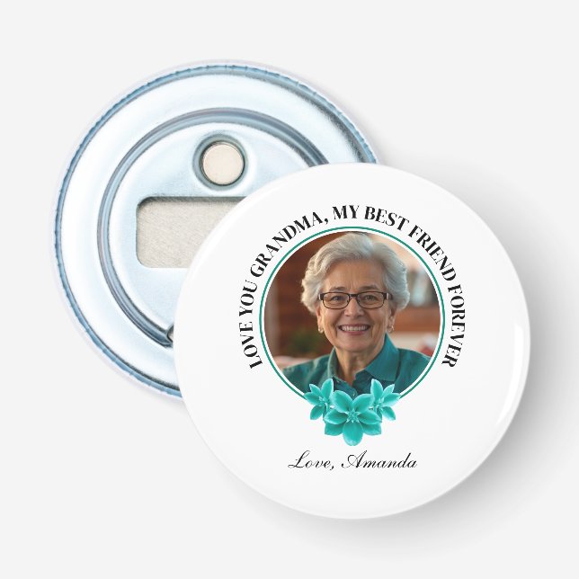 Floral Teal Frame Grandkid to Grandma Photo Bottle Opener (Front)