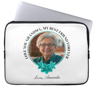 Floral Teal Frame Grandkid to Grandma Photo Laptop Sleeve
