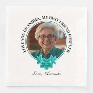Floral Teal Frame Grandkid to Grandma Photo Napkin