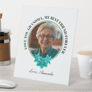 Floral Teal Frame Grandkid to Grandma Photo Pedestal Sign