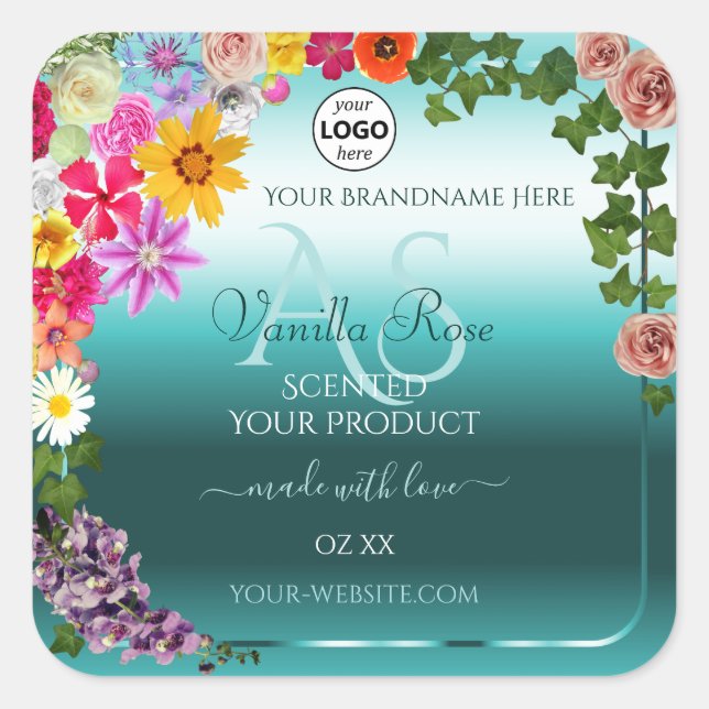 Floral Teal Gradient Product Labels Monogram Logo (Front)