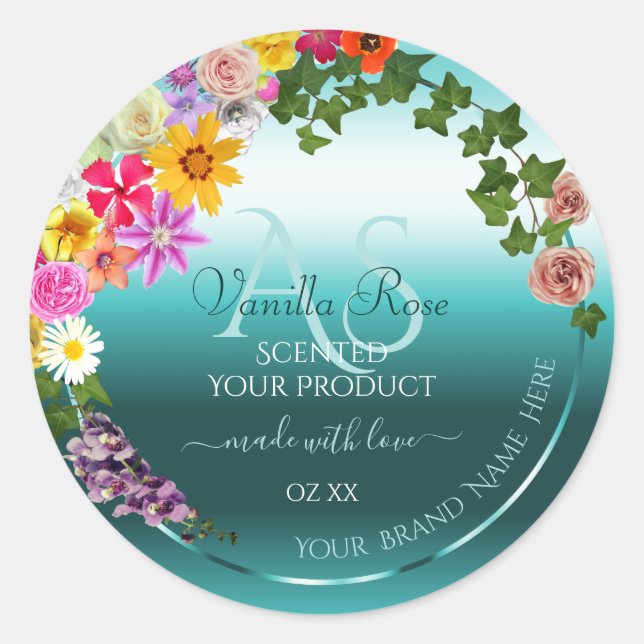 Floral Teal Gradient Product Labels with Monogram (Front)
