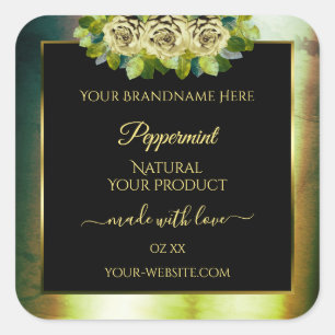 Floral Teal Green Marble Black Product Label Roses