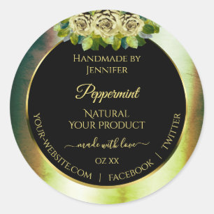 Floral Teal Green Marble Black Product Label Roses