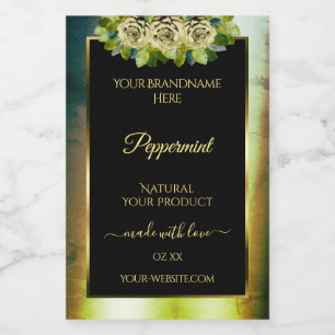 Floral Teal Green Marble Black Product Label Roses