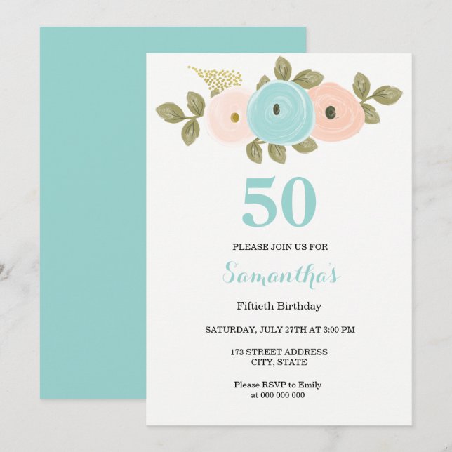 Floral Teal & Peach 50th Birthday Party Invitation (Front/Back)