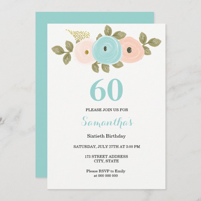 Floral Teal & Peach 60th Birthday Party Invitation (Front/Back)