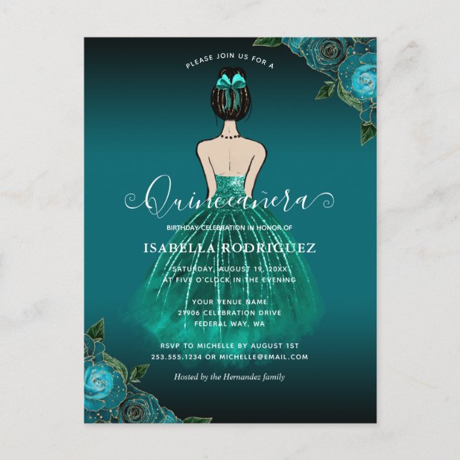 Floral Teal Princess Gold Birthday Quinceañera Postcard (Front)