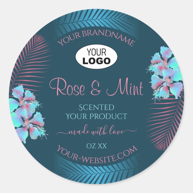 Floral Teal Product Labels Pink Palm Leaves Logo (Front)