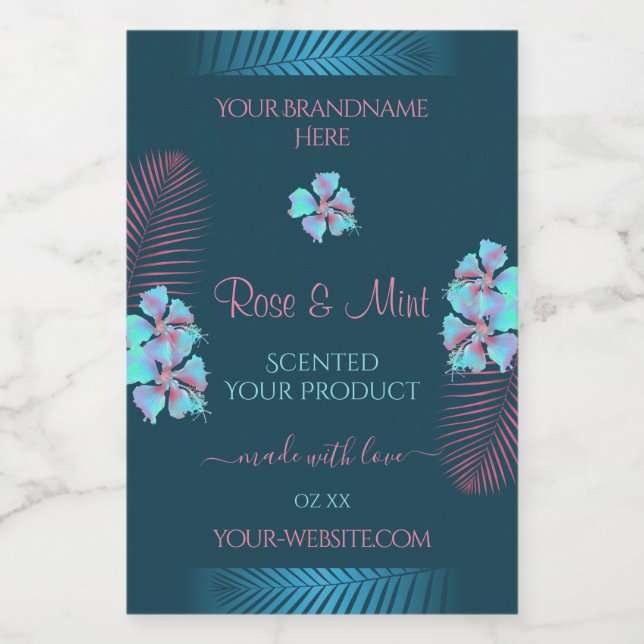 Floral Teal Product Labels Tropic Pink Palm Leaves (Single Label)