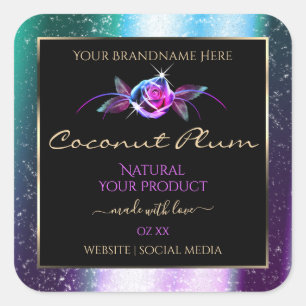 Floral Teal Purple Glitter Black Product Labels