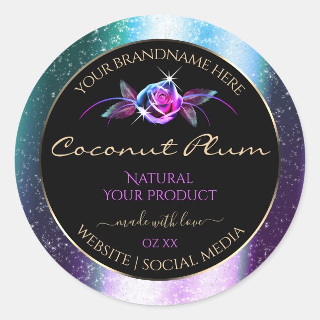 Floral Teal Purple Glitter Black Product Labels (Front)
