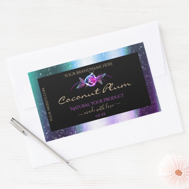 Floral Teal Purple Glitter Black Product Labels (Envelope)