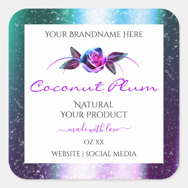 Floral Teal Purple Glitter White Product Labels (Front)