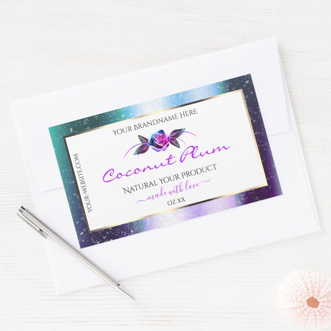 Floral Teal Purple Glitter White Product Labels (Envelope)