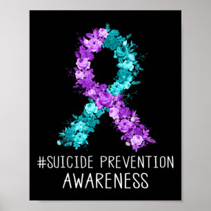 Floral Teal Purple Ribbon Suicide Prevention Aware Poster