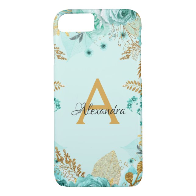 Floral Teal Roses and Gold Foil Monogram Case-Mate iPhone Case (Back)