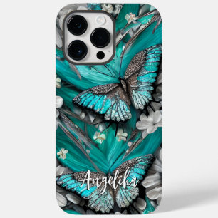 Floral Teal Silver Butterflies Personalised Name Case-Mate iPhone 14 Pro Max Case