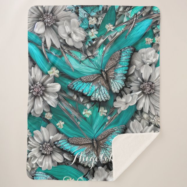 Floral Teal Silver Butterflies Personalised Name Sherpa Blanket (Front)