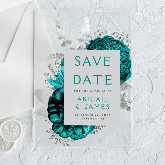 Floral Teal Silver Wedding Save the Date Acrylic Invitations (Creator Uploaded)