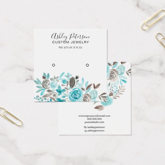 Floral teal watercolor stud earring display (Office)