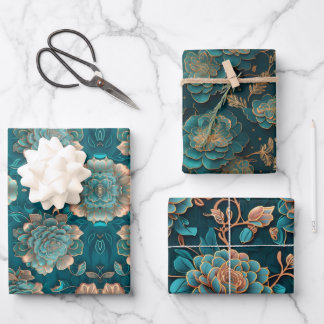Floral Teal Wrapping Paper Flat Sheet Set of 3