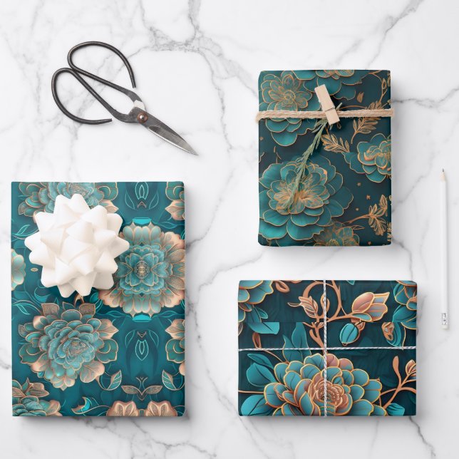 Floral Teal Wrapping Paper Flat Sheet Set of 3 (Front)
