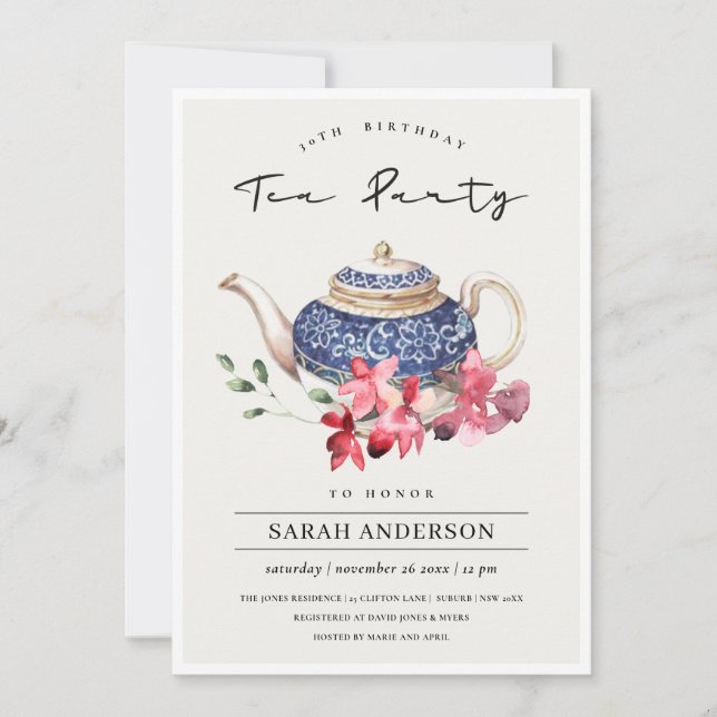 Floral Teapot Any Age Birthday Tea Party Invite (Front)