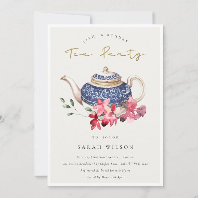 Floral Teapot Any Age Birthday Tea Party Invite (Front)