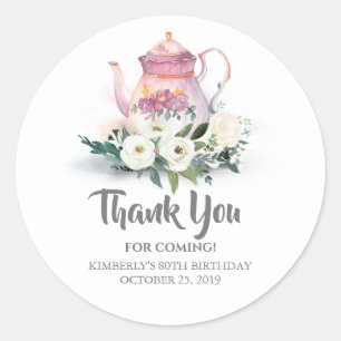 Floral Teapot Birthday Party Thank You Classic Round Sticker