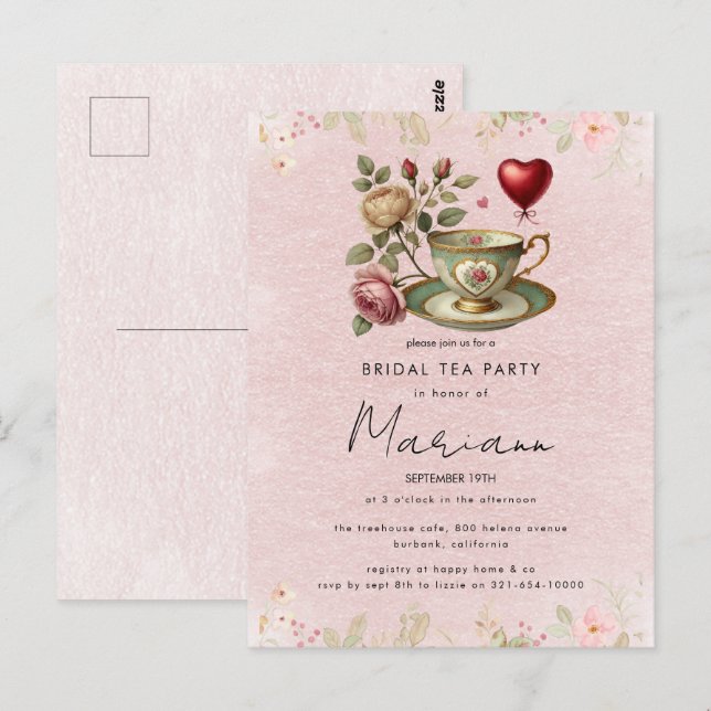 Floral Teapot Bridal Shower Tea Party Invitation Postcard (Front/Back)