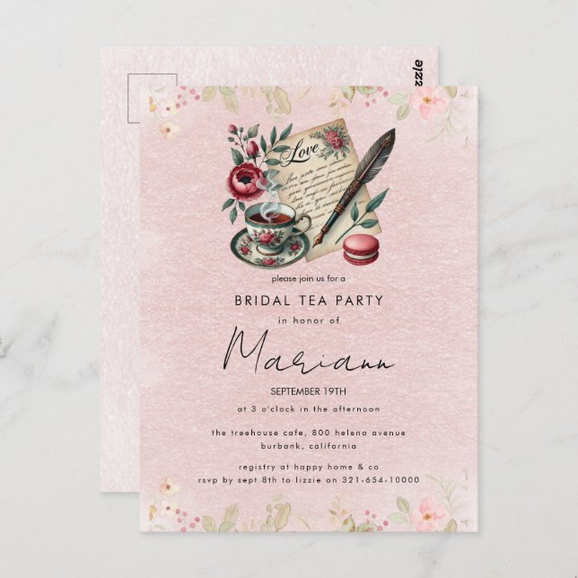 Floral Teapot Bridal Shower Tea Party Invitation Postcard (Front/Back)