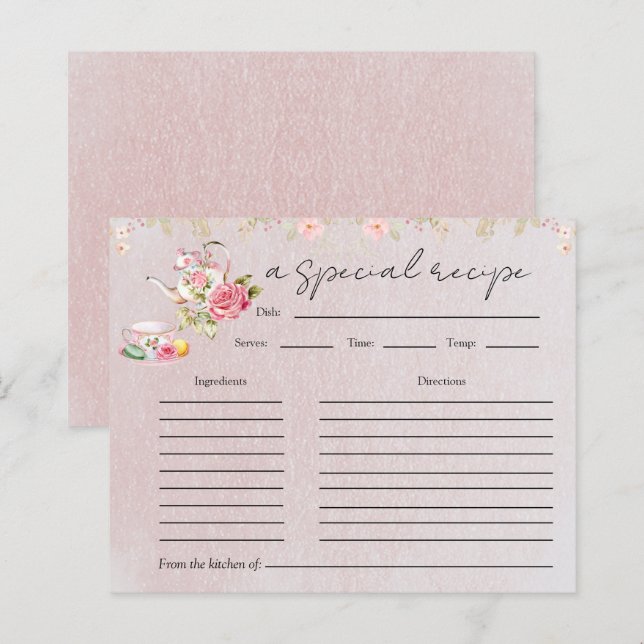 Floral Teapot Bridal Shower Tea Party Recipe Card (Front/Back)