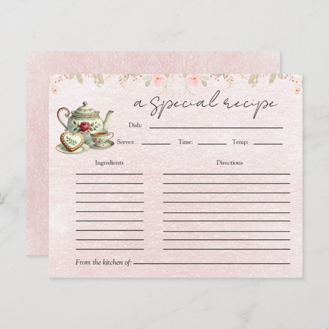 Floral Teapot Bridal Shower Tea Party Recipe Card (Front/Back)