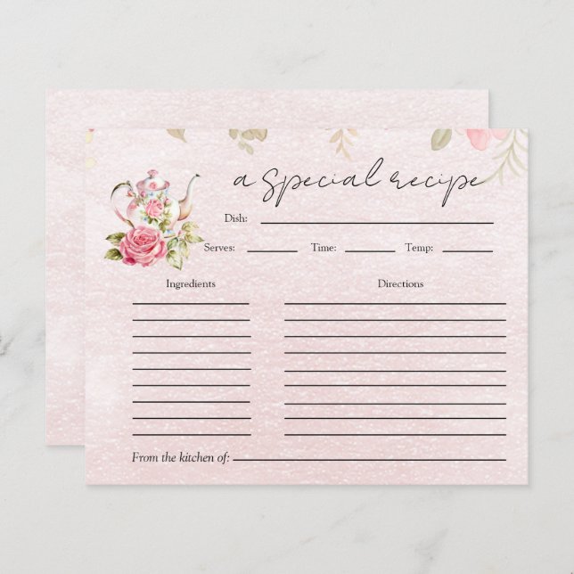 Floral Teapot Bridal Shower Tea Party Recipe Card (Front/Back)