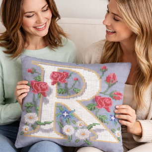 Floral Teapot Cross Stitch Style Cushion